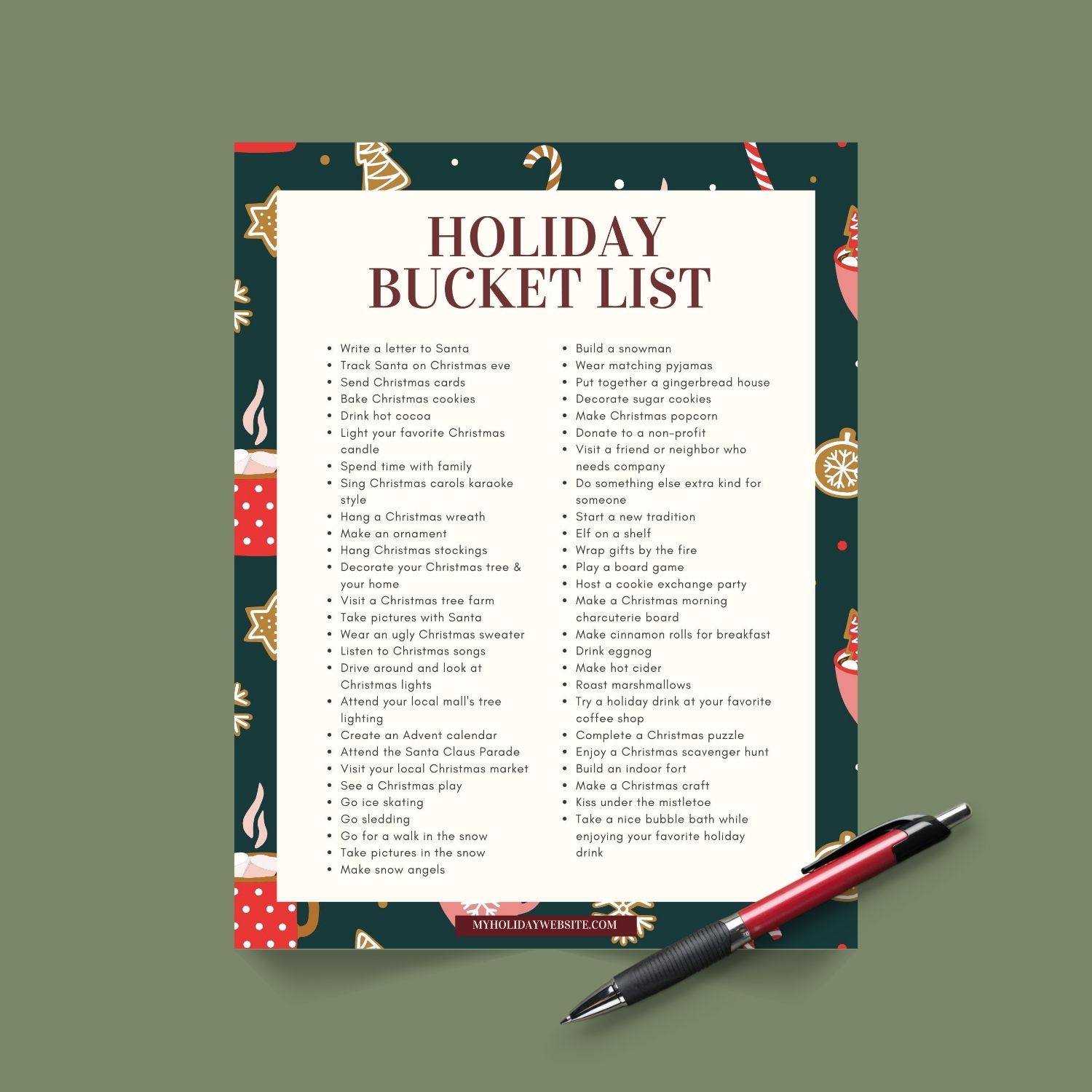 Colorful holiday bucket list with activities