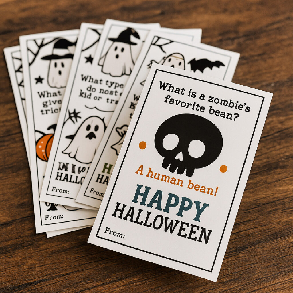 Halloween joke cards with playful designs