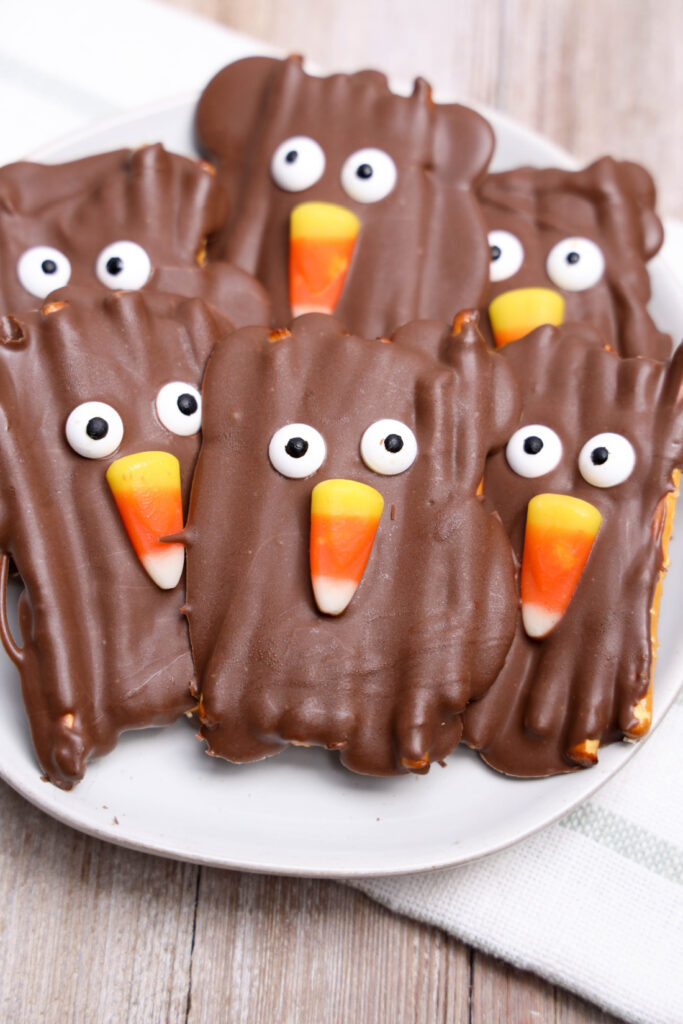 Chocolate-covered pretzels shaped like turkeys