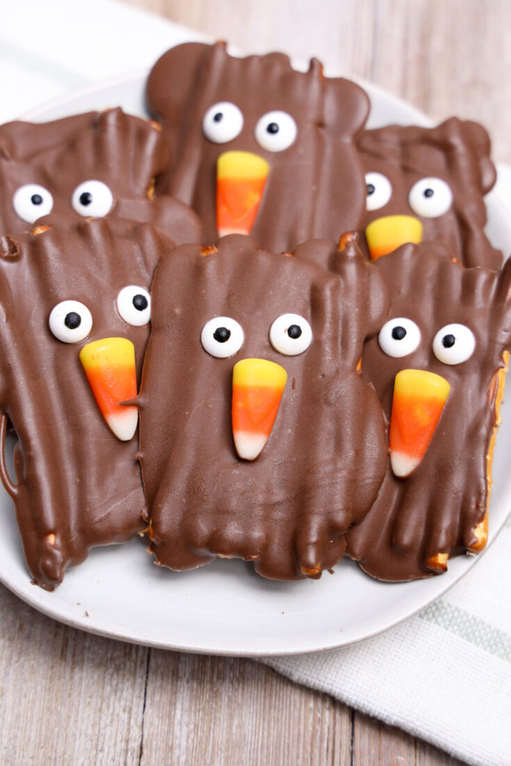 Chocolate-covered pretzels shaped like turkeys