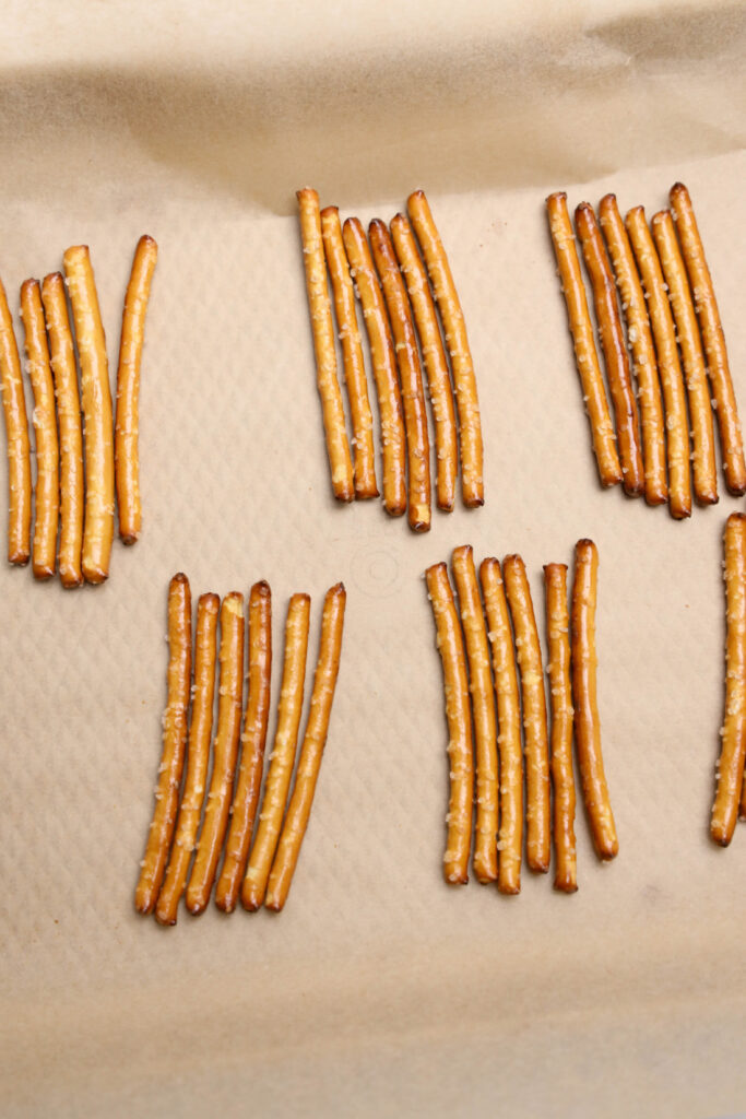 Rows of baked pretzel sticks