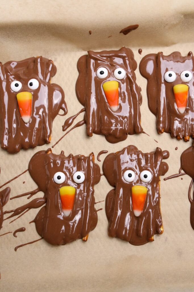 Chocolate-covered pretzels shaped like turkeys