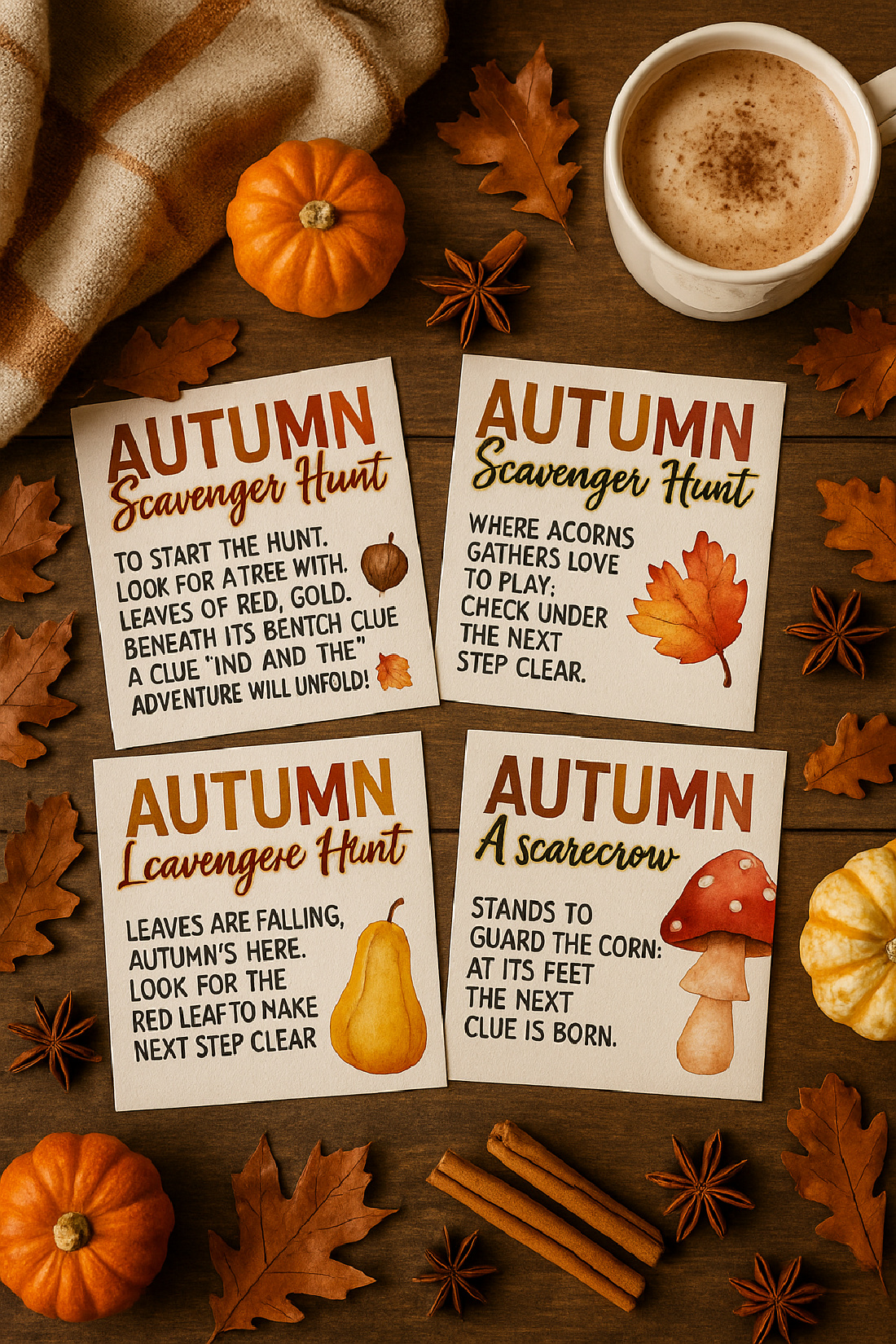 Autumn scavenger hunt cards and decor