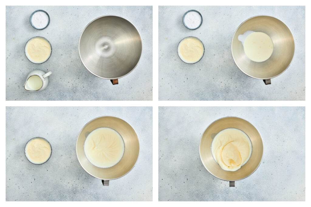 Four overhead images show the step-by-step mixing of ingredients—sugar, cream, and condensed milk—for St. Patrick’s Day Green Jello Parfaits in a metal bowl on a light-colored surface.