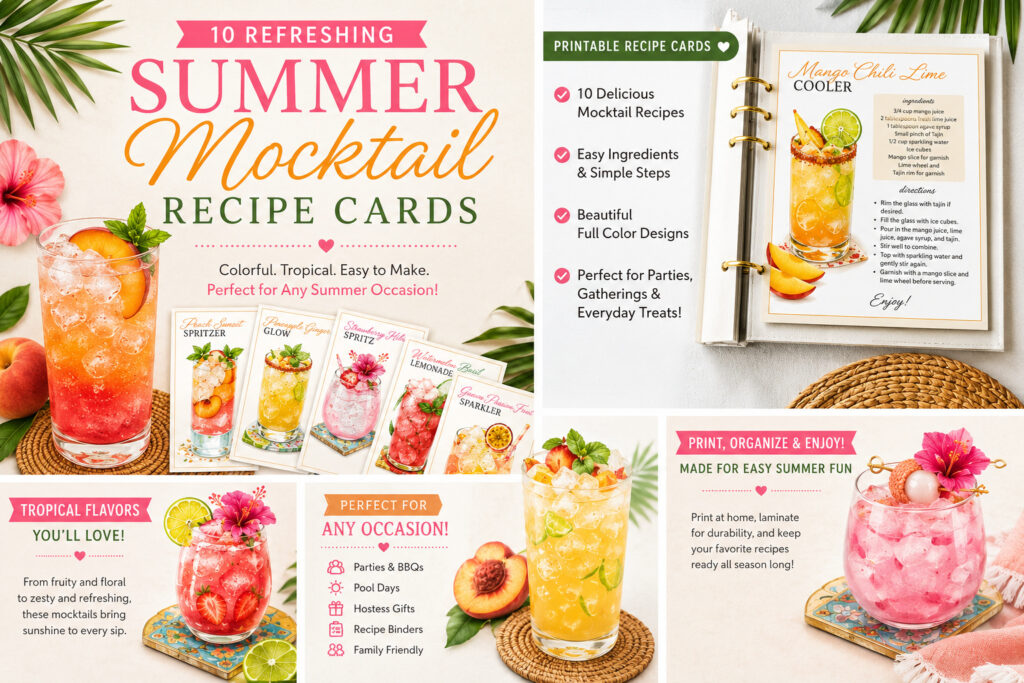 10 Refreshing Summer Mocktail Recipe Cards" features vibrant beverages, printable recipe card examples, and highlights key features—perfect for parties and gatherings. Ideal for any Summer Mocktail lover!.