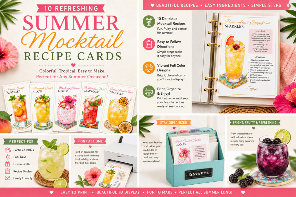 "10 Refreshing Summer Mocktail Recipe Cards," featuring sample cards, an organized box, mocktail images, and a list of Printable product features and uses. Perfect for any Summer Mocktail lover!.