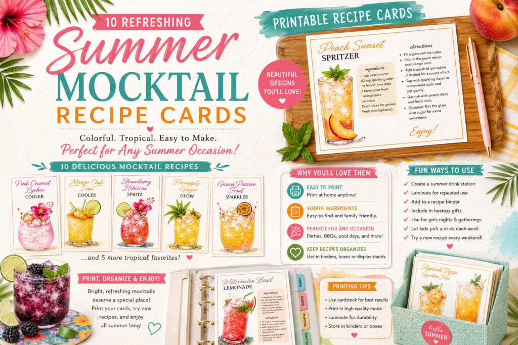 A colorful display of Printable "Summer Mocktail Recipe Cards," featuring illustrated drink cards, a Peach Sunset Spritzer recipe, and tips for party ideas, organization, and printing. Perfect for your next Summer Mocktail gathering!.