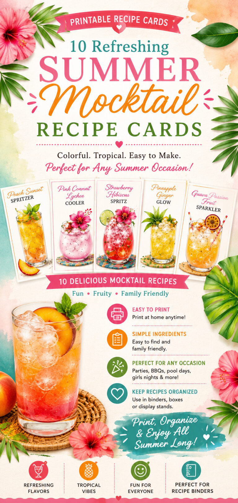 printable Summer Mocktail Recipe Cards, featuring vibrant images of mocktails, playful icons, and text highlighting the benefits and features of each recipe card.