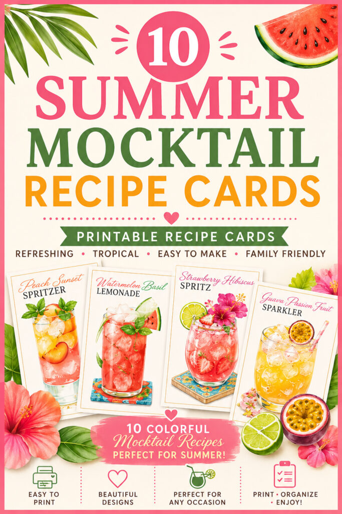 Summer Mocktail Recipe Cards" featuring images of four fruity summer mocktails, decorative tropical leaves and flowers, and labeled benefits like "Printable" and "Family Friendly.